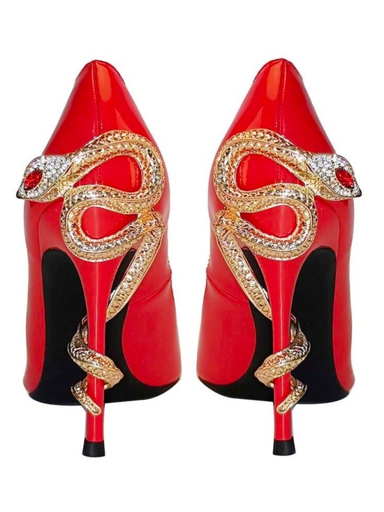 Anthropologie Shoes - Red Patent Stiletto Heels with Gold Snake Accents